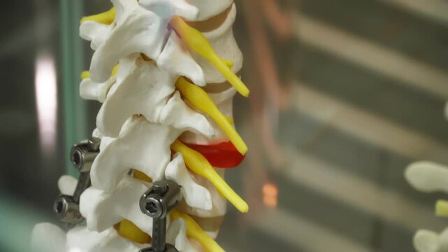 Human spine with titanium rods and screws used for spinal fusion surgery