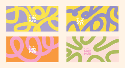 Obraz premium Summer collection four abstract fluid shapes with 'hello summer' text