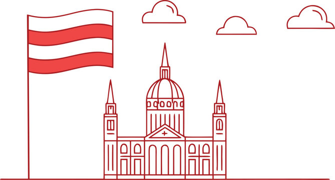 Minimal of austrian national symbols: flag, coat of arms, and parliament building