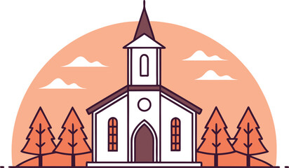 Minimalist scandinavian-style wooden church with steep red roof and snowflakes scandinavian style © CDMIZAN