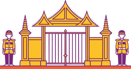 Obraz premium Golden cambodian royal palace with ornate throne and guards in traditional attire