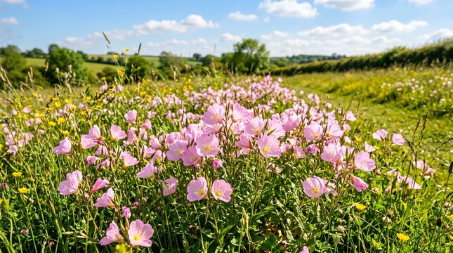 Beautiful pink evening primrose flowers grow in a lush meadow during a bright sunny day in the spring season