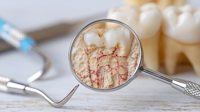 Close-up of human teeth roots and bone structure viewed through magnifying glass with dental tools