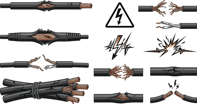 Damaged Electrical Cable and Hazard Symbols Set Featuring Frayed Wires, Sparks, and Warning Signs for Safety, Electricity, and Risk Designs