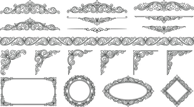 Ornate Vintage Border and Frame Collection Featuring Intricate Flourishes and Decorative Elements for Invitations, Certificates, and Designs