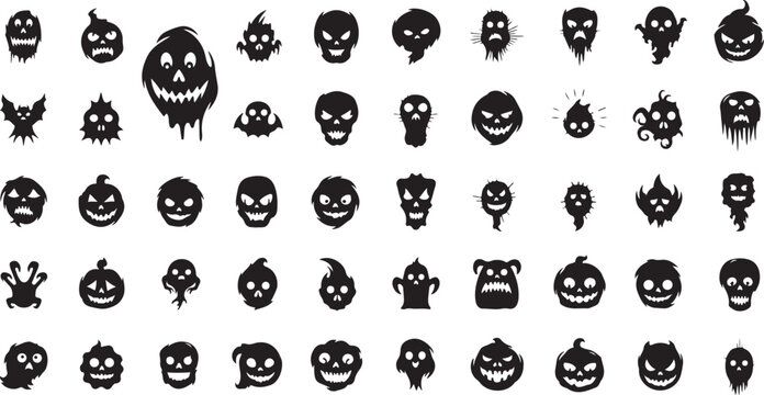 Spooky halloween ghost skull pumpkin faces vector collection