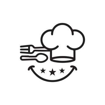 Minimalist black line drawing of chef hat fork spoon and curved smile with four stars symbolizing culinary excellence and restaurant logo