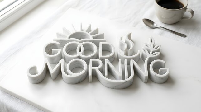 A bright, minimalist flat lay features a white 'good morning' sculpture with a coffee cup and spoon on a marble surface, conveying a fresh and positive start to the day.
