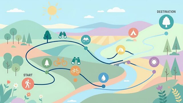 Hiking trail map featuring nature icons, river, mountain, tree, camping spots, and outdoor activity symbols showing scenic route from start to destination under sunny sky with landmarks along way