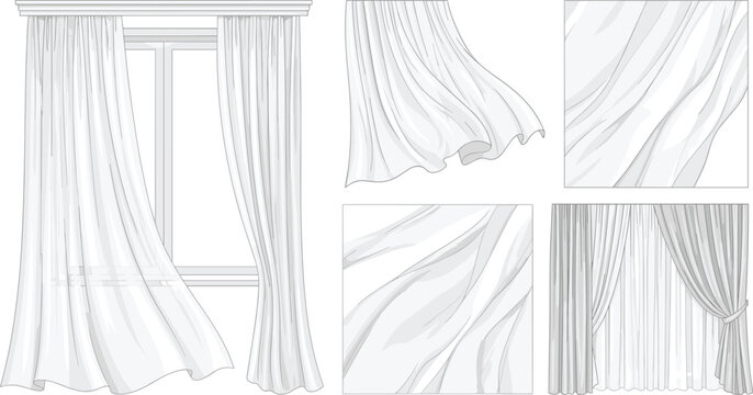 Curtain and Drapery Set in Soft White Line Art Style for Interior Design, Home Decor, and Window Treatments
