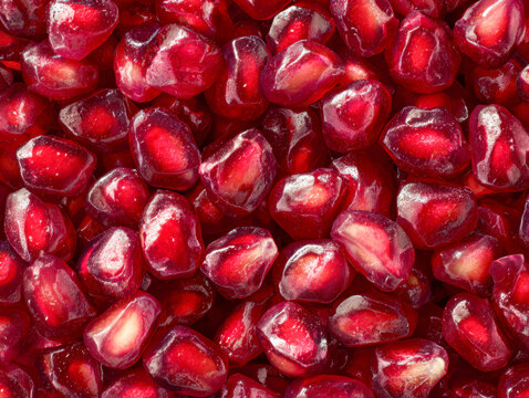 Vibrant red pomegranate seeds packed closely together showcasing their glossy, juicy texture in a tightly framed, fresh and colorful fruit composition