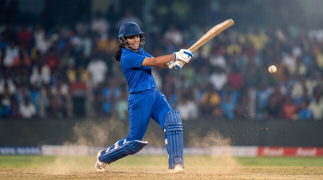 Female cricket player batting during a match