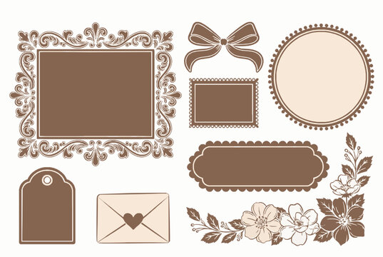 Decorative vintage frames, tags, and floral elements in brown tones