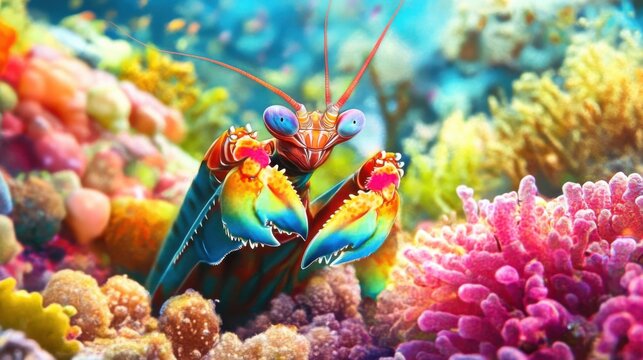 Vibrant Colorful Mantis Shrimp Among Coral Reef Underwater Scene