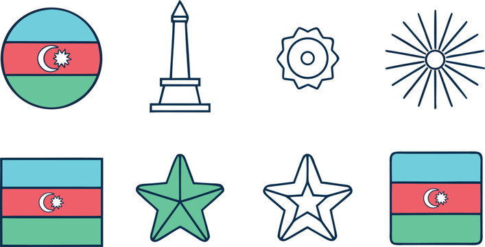 Flat line set featuring azerbaijani flag, map, star, fireworks, and landmarks flat national flag