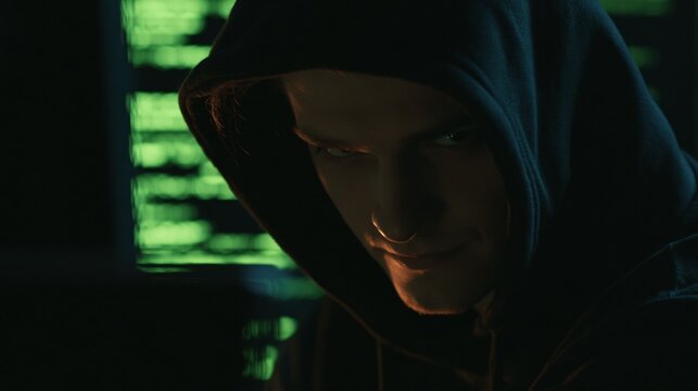 Mysterious hooded figure with glowing green digital screen background, conveying cybersecurity threat and data breach