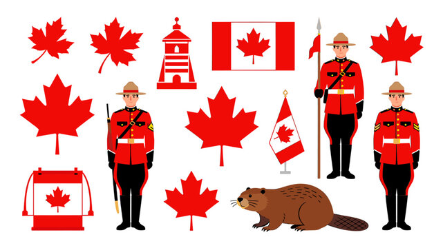 Collection of Canadian Symbols Including Maple Leaves, Mounties, Beaver, Flag, and Lighthouse.