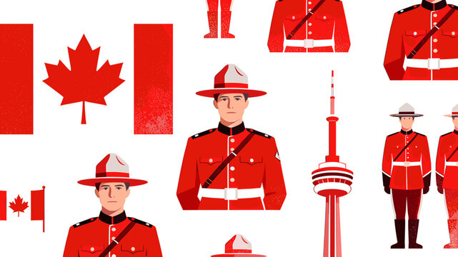 A vibrant illustration showcasing Canadian symbols including the flag, RCMP officers in red serge, and the iconic CN Tower, set against a white background.