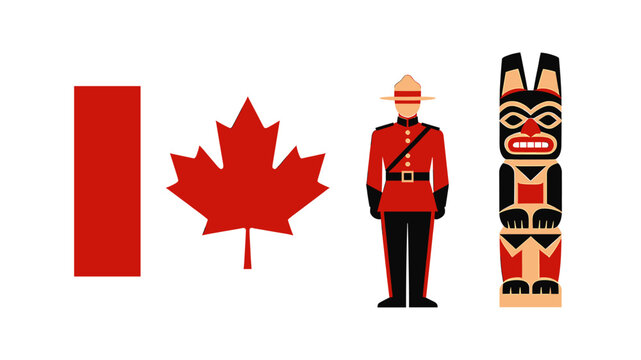 Canadian national symbols illustration featuring the flag, a Mountie in uniform, and a traditional totem pole on a white background.