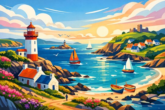 Paysage de bord de mer avec phare et bateaux