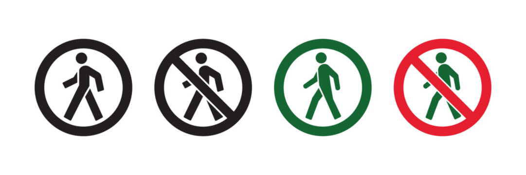 Icons representing pedestrian movement. Allowed and prohibited signs in black, green, and red circular frames.