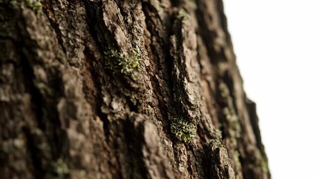 A close-up view of the rough, textured bark of a tree. The bark is brown with green patches of moss
