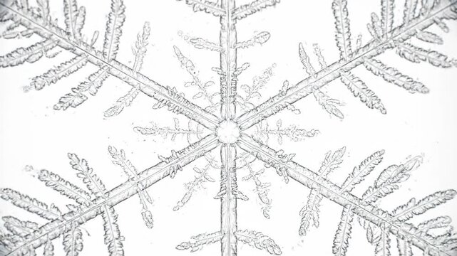 Microscopic detail of a snowflake, showcasing its intricate crystalline structure in macro