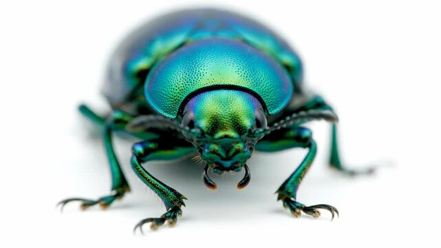 Close-up macro of a vibrant jewel-toned beetle, showcasing intricate details. Emerald, teal, and sapphire hues blend across its body