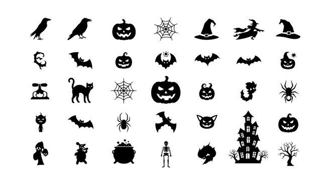 Halloween icons set with witches, bats, pumpkins, spiders, ghosts, haunted house and spooky silhouettes for festive design