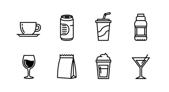 Cup coffee icon with steam rising, thermos bottle, milk carton, and drink cup outlines for caf&eacute; menu graphics