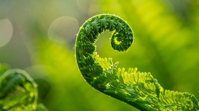 Close-up of a vibrant green fiddlehead fern frond unfurling in a forest, backlit by natural sunlight, symbolizing new growth and spring.