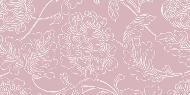 Elegant Floral Pattern with Delicate Outlines on a Soft Pink Background.