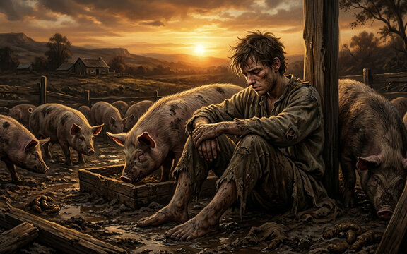 Prodigal Son Sitting Among Pigs at Sunset. Emotional Biblical Story and Christian Faith Concept