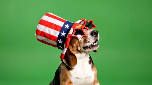 Beagle Dog Wearing Uncle Sam Hat and Star Glasses on Green Background Funny Patriotic Pet Celebration Portrait