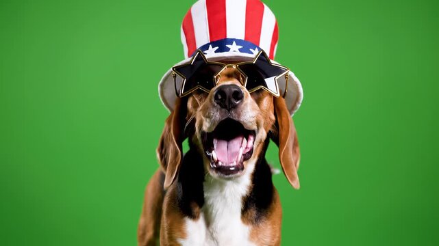 Funny Beagle Dog Wearing Patriotic Uncle Sam Hat Smiling on Green Background Cute American Celebration Pet Portrait