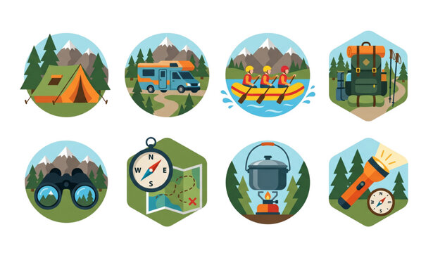Outdoor adventure icons for camping hiking and exploration