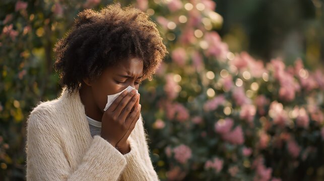 Woman blowing nose in tissue in park with flowers. Girl suffering from seasonal allergy and hay fever outdoors. Health problem, pollen reaction and runny nose, medical condition concept.