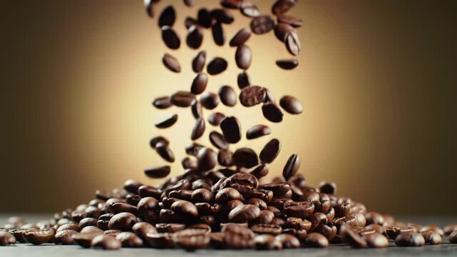 Ultra-slow motion cascading dark roasted gourmet coffee beans fill frame, soft backlighting, warm key light, creamy bokeh. concept of luxury coffee advertising and rich aroma