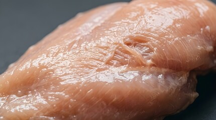 Fototapeta premium Closeup of a raw chicken breast on a dark surface, highlighting its texture and freshness