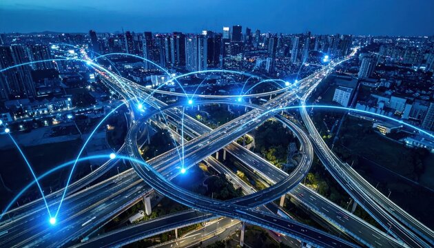 Smart city highway interchange with digital network connections at night