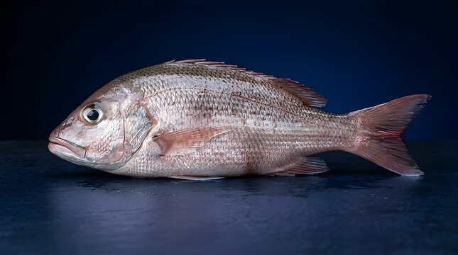 Fresh red snapper fish on dark blue surface for cooking or seafood concept