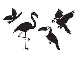 Fototapeta premium Collection of black silhouettes depicting various tropical birds including a standing flamingo, a toucan, a parrot in flight, and another bird flying, isolated on a white background