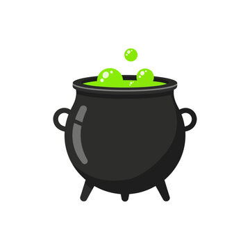 Black cauldron with bubbling green magic potion isolated on white