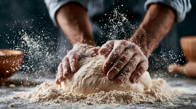 Man hands kneading dough