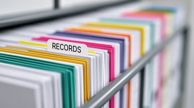 Colorful hanging file folders in an office cabinet with a records tab. Organized document storage system. Professional administrative archive management and information retrieval.