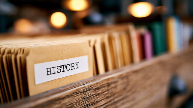 Paper folder labeled history in a wooden filing cabinet. Organizing documentation and records in an office archive. Concept of research, heritage, data management and past information.