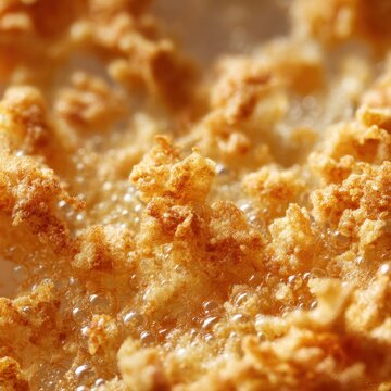 Golden crispy breaded chicken frying in hot bubbling oil capturing the sizzling texture and rich golden brown color during cooking process