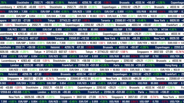 Stock market ticker board, global indices and currency exchange rates market data. Trading, research, banking, financial markets, investment strategy, business, buying und selling stocks.