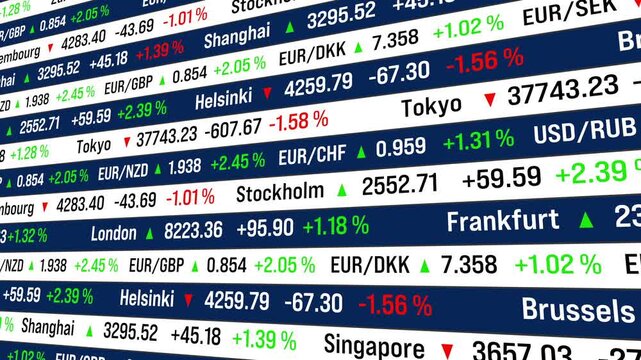 Close-up stock market ticker board, global indices and currency exchange rates. Market data, research, banking, financial markets, investment strategy, business, buying und selling stocks.