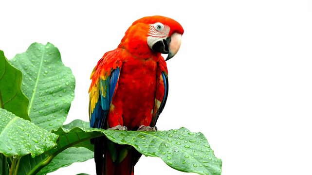 A vibrant red, yellow, and blue parrot perches on a large green leaf, droplets of water. The backdrop is plain white, making the parrot pop
